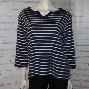 💙 Hillard & Hanson Blue & White Striped Blouse – 3/4 Sleeve – Large Classic